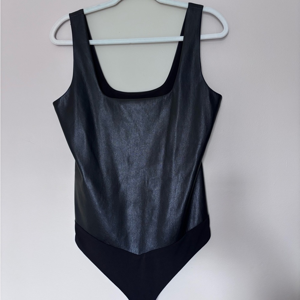 Good American Black Faux Leather Bodysuit